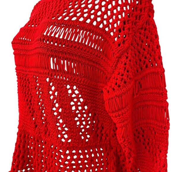 Zara Womens Loose Open Crochet Knit Red Pullover 3/4 Sleeve Sweater sz Small - Picture 9 of 16